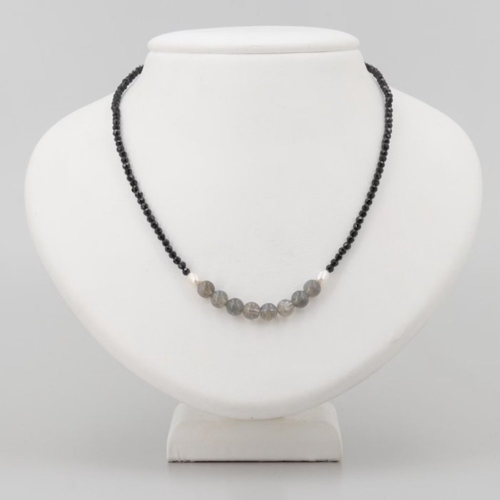 Labradorite, Black Spinel, and Cultured Pearl Bead Necklace with Sterling Silver